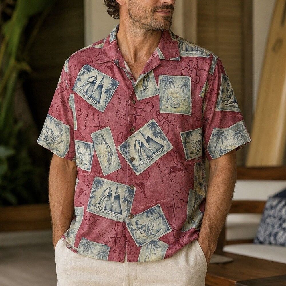 Tommy Bahama Paradise Nation 100% Silk Camp Shirt Mens L Caribbean Map Aloha